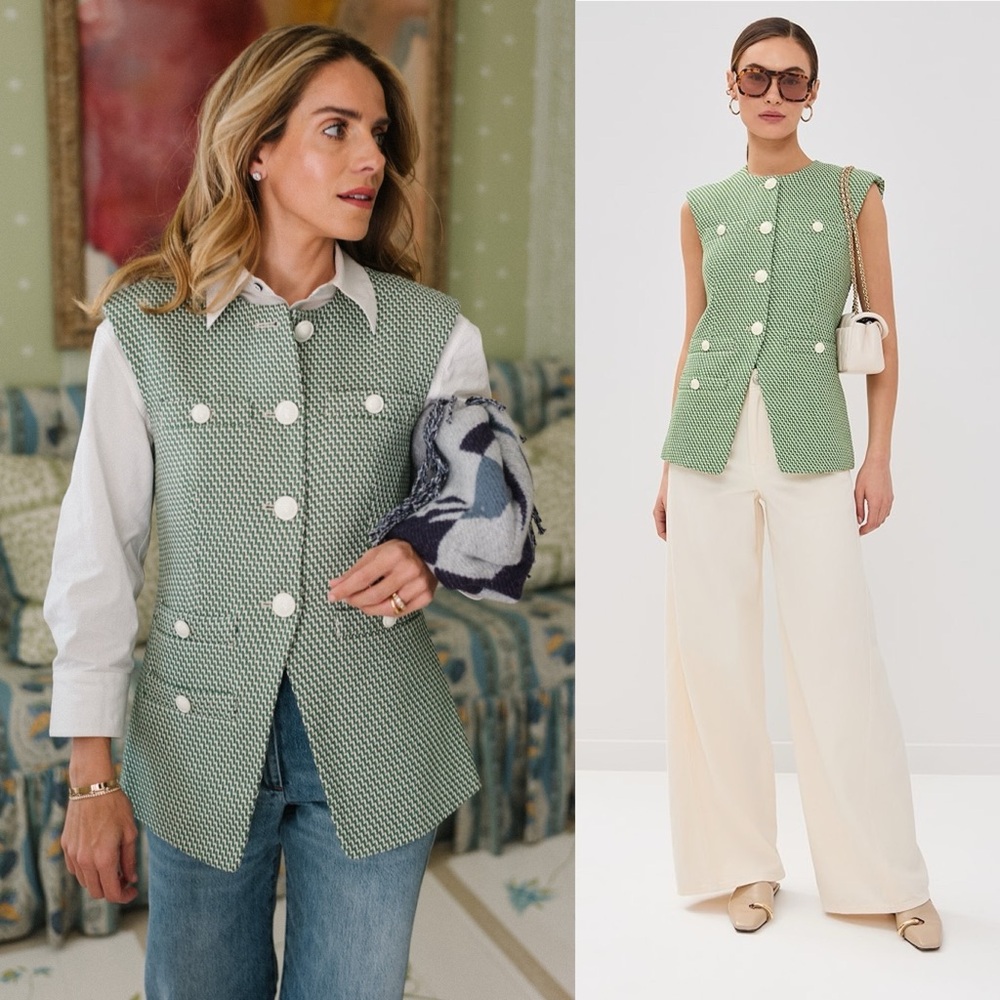 Veronica Beard Tamara Woven Button Front Vest Green White